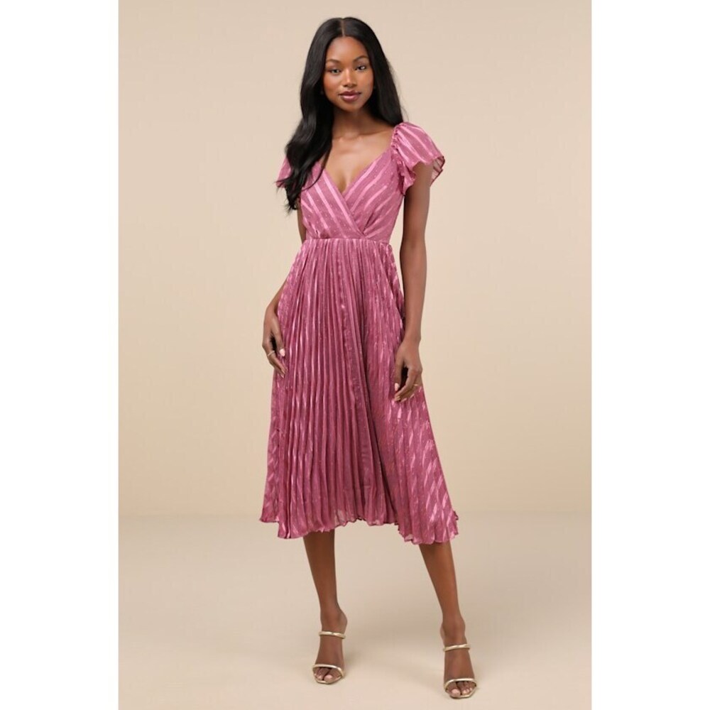 Lulus Standout Sophistication Mauve Lurex Flutter Sleeve Midi Dress Purple